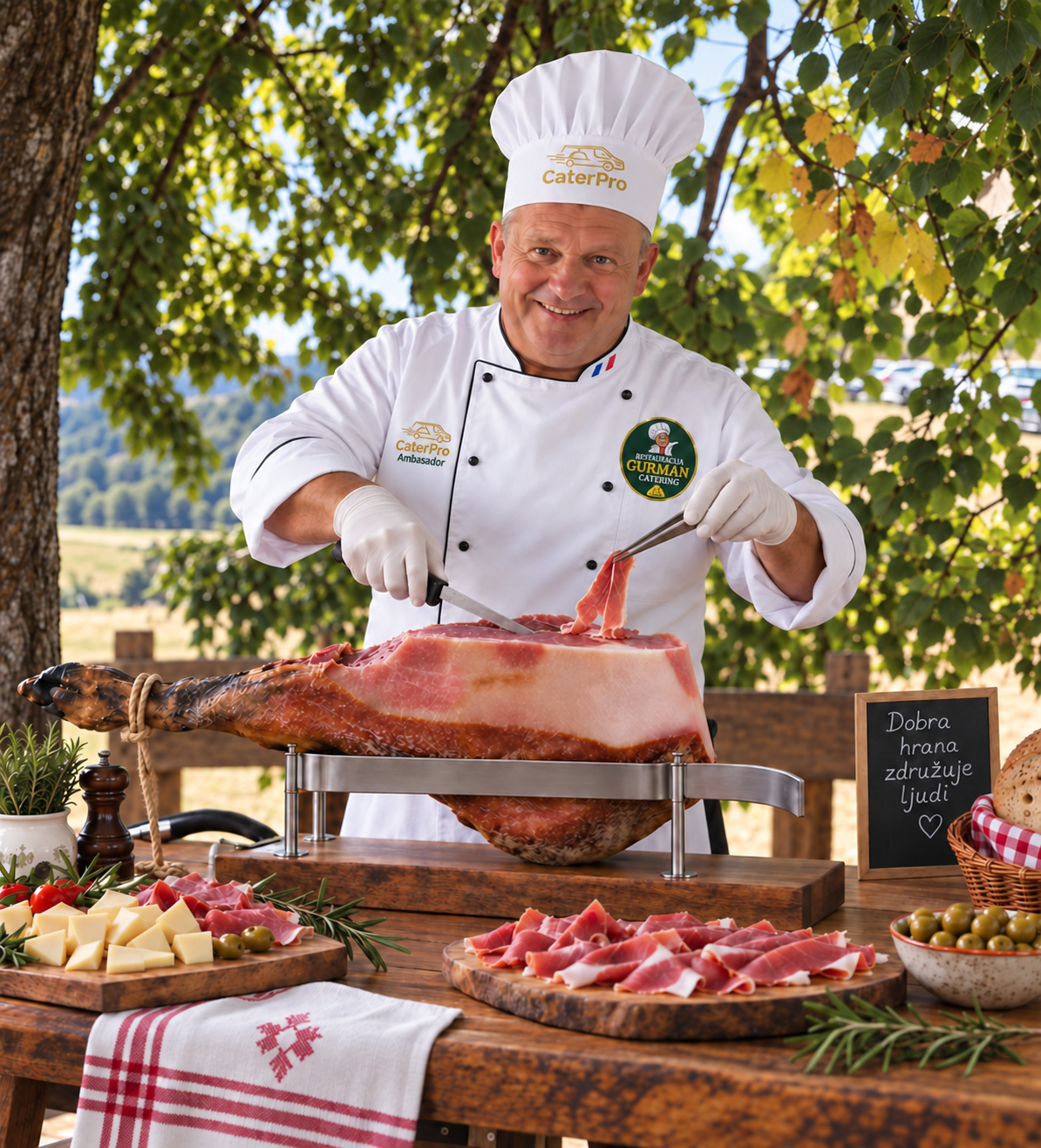 Chef in a CaterPro uniform slicing prosciutto outdoors