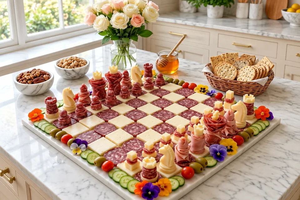 An edible chessboard of cheese and charcuterie, garnished with vegetables and flowers