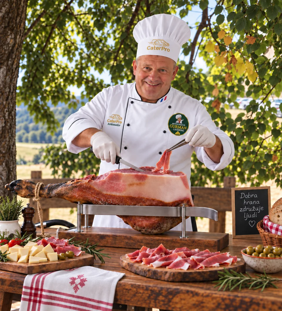 Chef in a CaterPro uniform slicing prosciutto outdoors