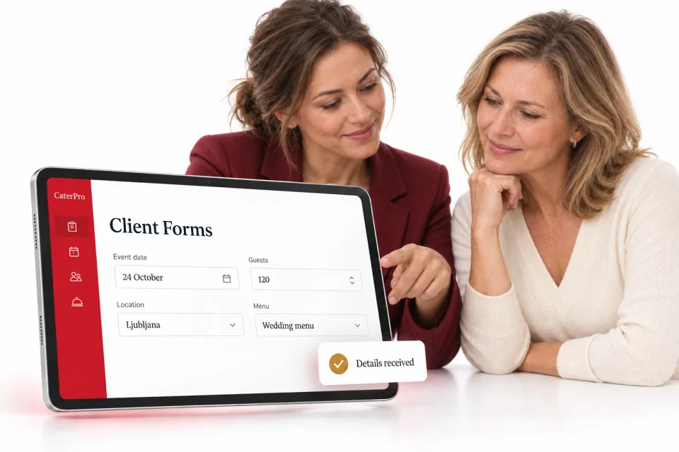 CaterPro Client Forms 3D product mockup. An event coordinator and client reviewing details beside a tablet displaying the event date, guests, location and menu.