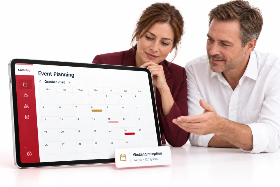 CaterPro Event Planning 3D product mockup. Two event coordinators consulting a tablet displaying an October calendar and a wedding reception for 120 guests.