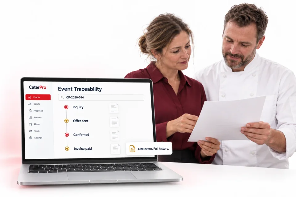 CaterPro Event Traceability 3D product mockup. An event coordinator and chef reviewing paperwork beside a laptop displaying the event history from inquiry to paid invoice.