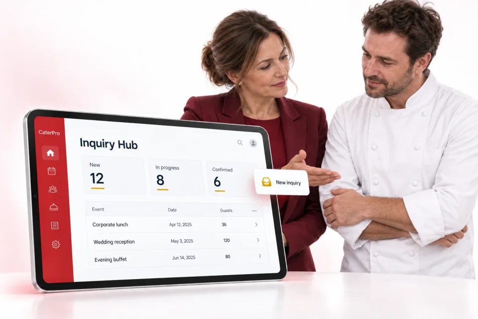CaterPro Inquiry Hub 3D product mockup. A catering manager and chef discussing an event beside a silver tablet displaying inquiry statuses and event details.