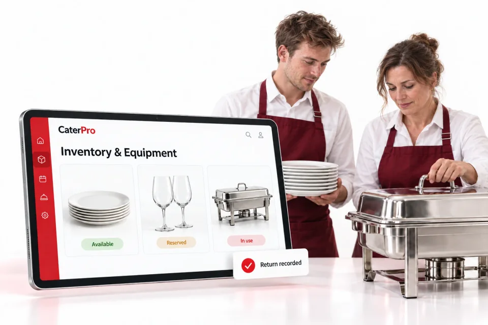 CaterPro Inventory & Equipment 3D product mockup. Two catering staff preparing plates and a chafing dish beside a tablet displaying equipment availability and return statuses.