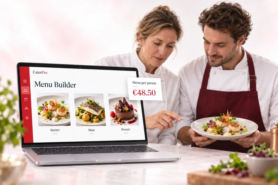 CaterPro Menu Builder 3D product mockup. Two chefs discussing a plated dish beside a laptop displaying starter, main and dessert options with a menu price per person.