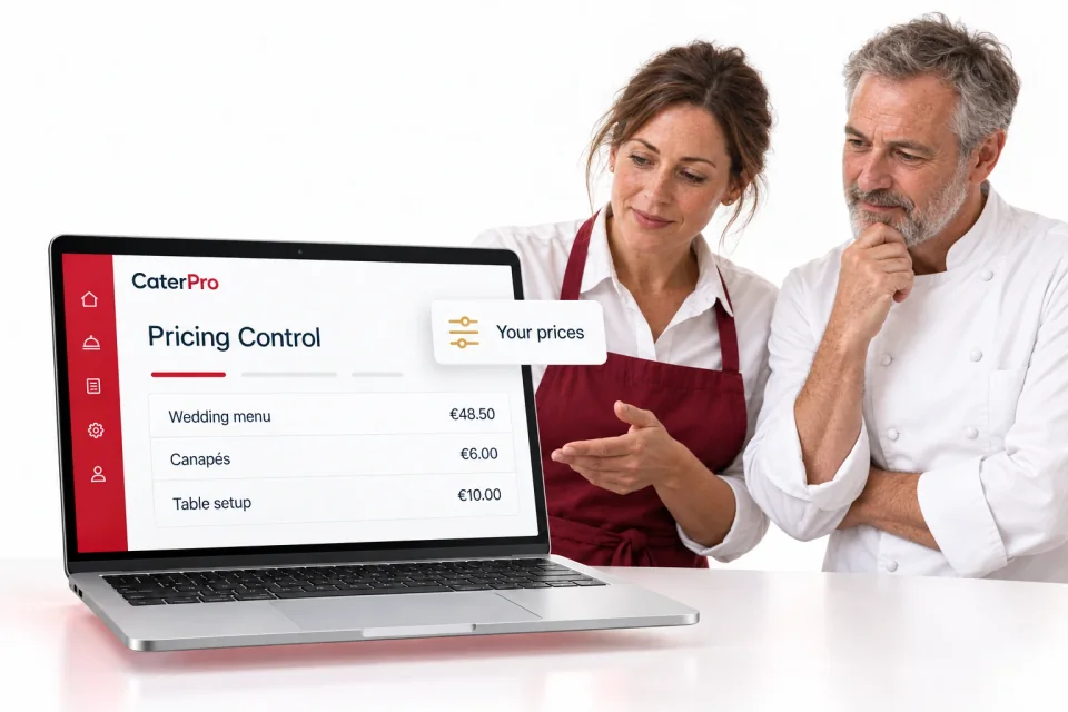CaterPro Pricing Control 3D product mockup. A catering owner and chef reviewing a laptop displaying menu, canapé and table-setup prices.