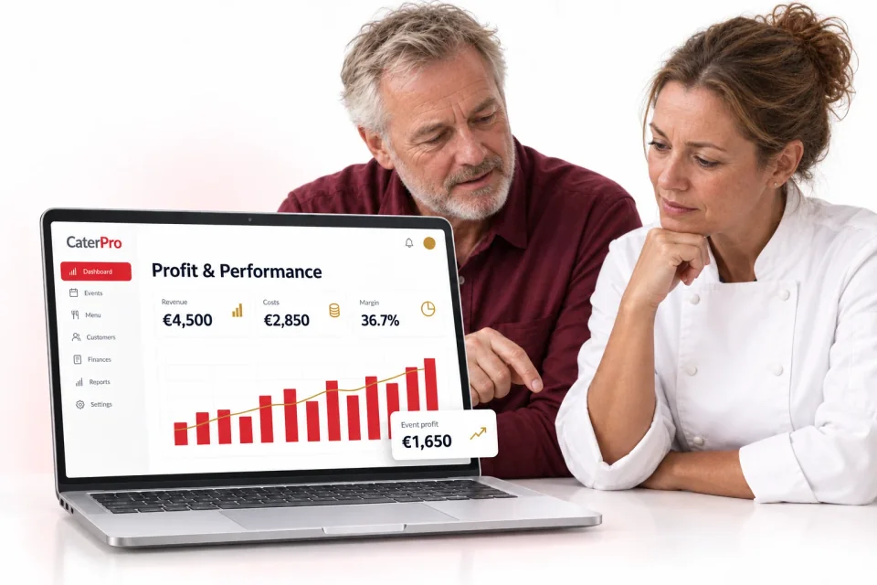 CaterPro Profit & Performance Reports 3D product mockup. A catering owner and head chef reviewing a laptop displaying €4,500 revenue, €2,850 costs and €1,650 event profit.