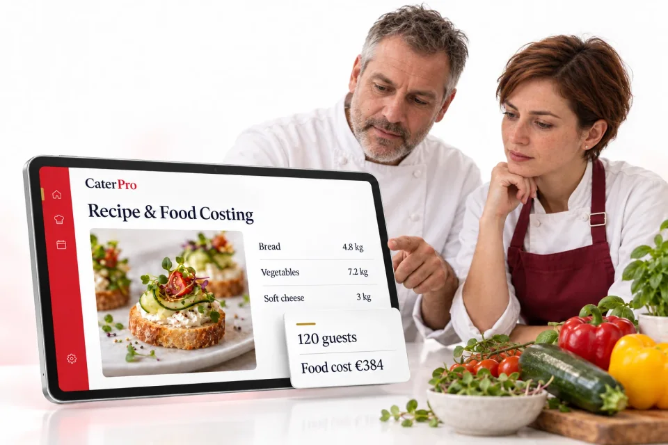 CaterPro Recipe & Food Costing 3D product mockup. A chef and sous chef preparing ingredients beside a tablet displaying a canapé recipe and food costs for 120 guests.
