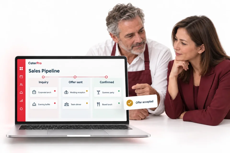 CaterPro Sales Pipeline 3D product mockup. A catering owner and event planner beside a laptop displaying opportunities across inquiry, offer-sent and confirmed stages.
