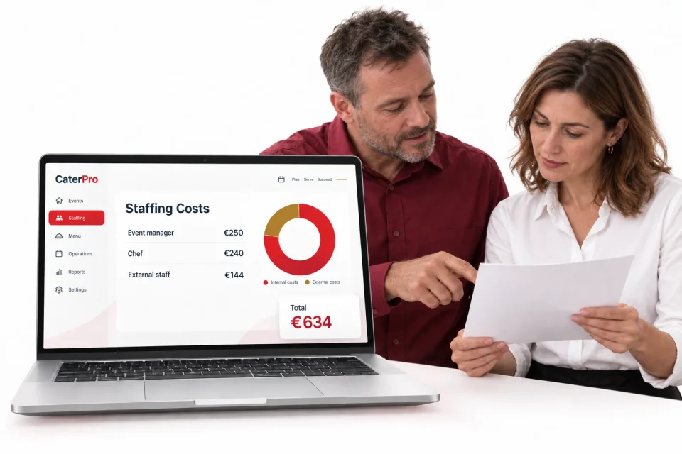 CaterPro Staffing Costs 3D product mockup. A catering manager and service colleague reviewing a roster beside a laptop displaying staff costs totaling €634.