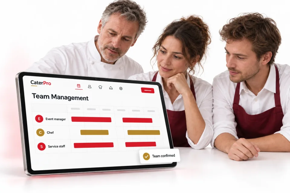 A catering team reviewing their CaterPro staffing plan together