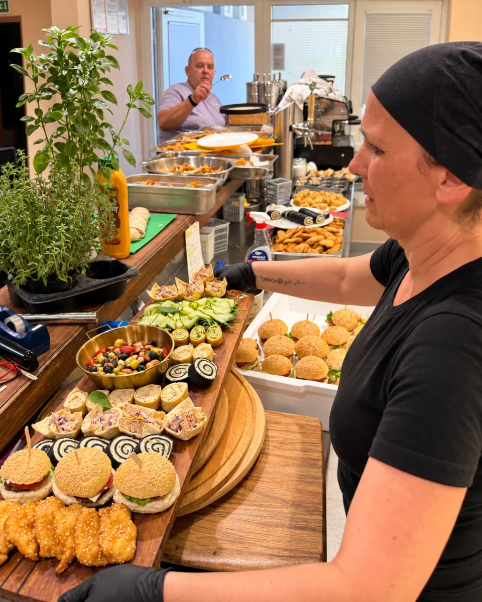 A catering team preparing platters of sliders, wraps and fresh vegetables