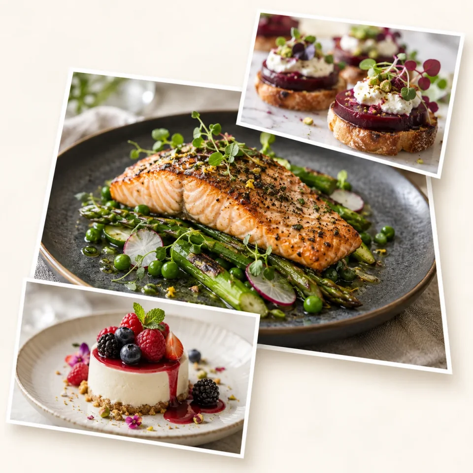 Food photography inspiration: plated salmon, canapés and a berry dessert