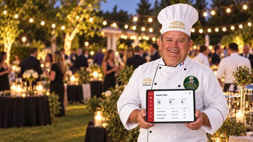 Zdenko Mesarič holding a tablet with the CaterPro Inquiry Hub at a catering event